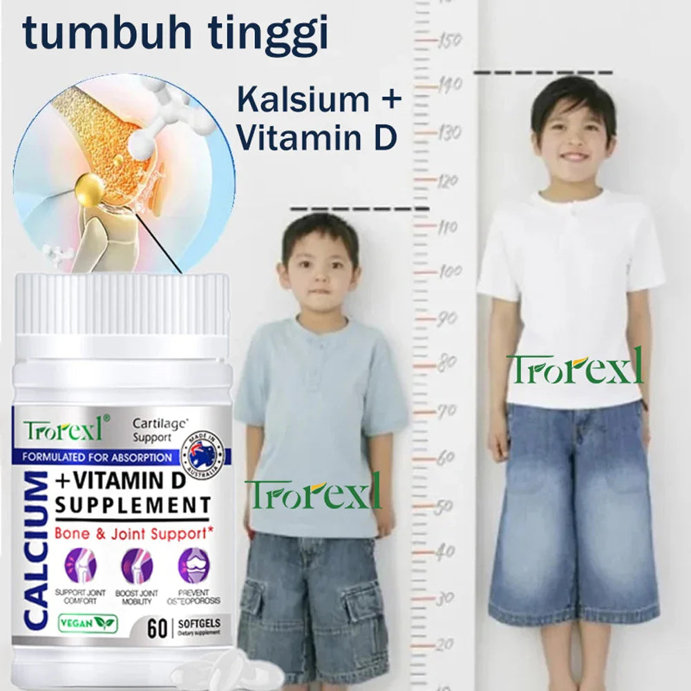 Trorexl Height Growth Pills Calcium Supplement Vitamin D3 Vegetarian Softgels Help Grow Taller,Immune & Bone Health Healing