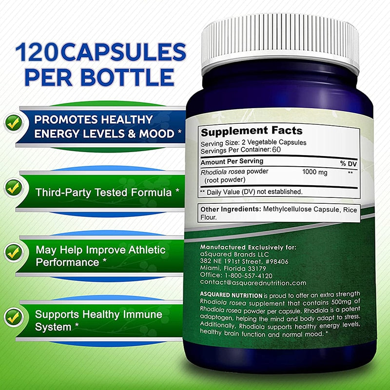 Rhodiola Supplement 1000 Mg - 120 Vegetarian Capsules - Maximum Strength Boost Pure Energy, Brain Function & Stress Relief