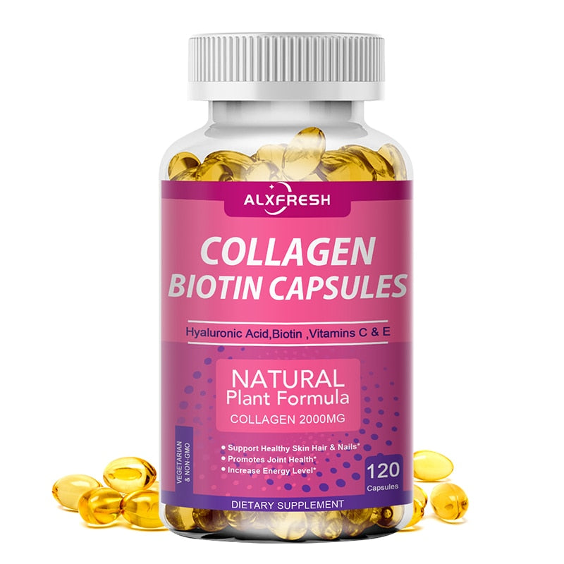 Alxfresh 3X Collagen Biotin Supplement Protein Support Anti Aging Strong Nails Shiny Hair Glowing Smooth Skin Vegan Capsules