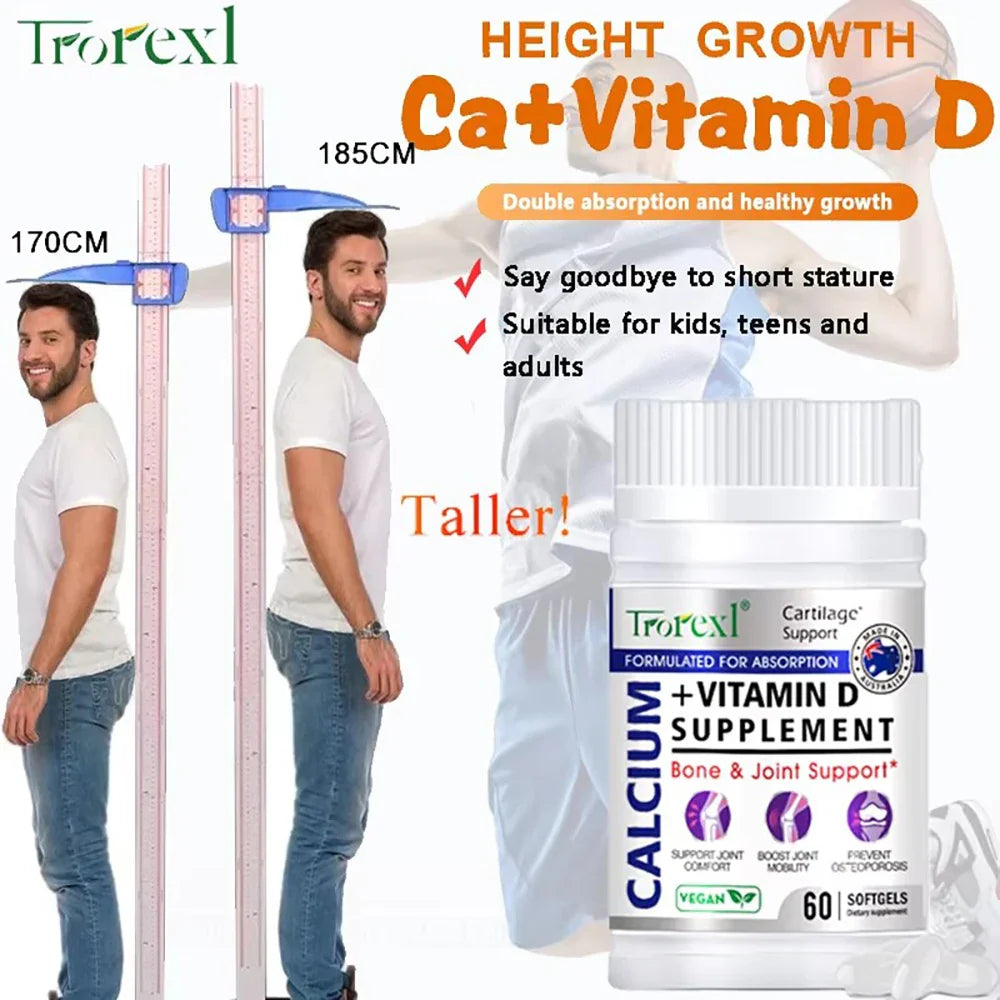 Trorexl Height Growth Pills Calcium Supplement Vitamin D3 Vegetarian Softgels Help Grow Taller,Immune & Bone Health Healing