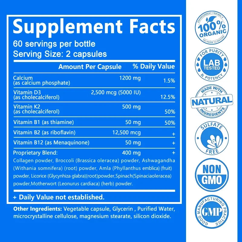 Balincer Vitamin D3+K2+B12 2000mg Capsules for Bone, Immune and Calcium Support, 120 Capsules Non-GMO
