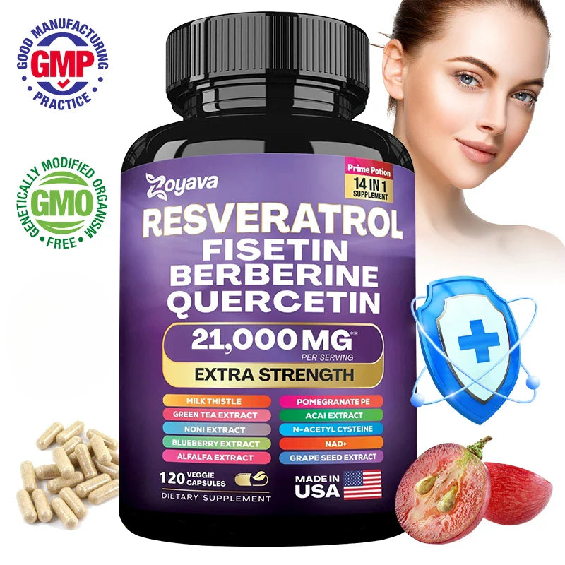 Resveratrol, Fisetin, Berberine, Quercetin Capsule Supplement, Skin, Immunity, Antioxidant, Promote Overall Health & Metabolism