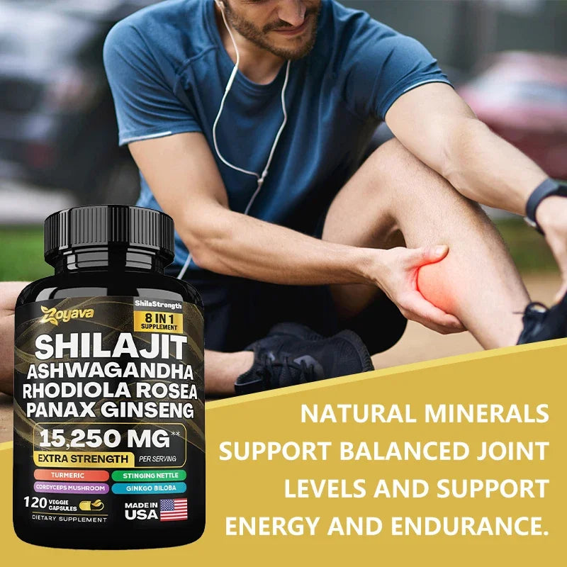 100% High Purity Shilajit Mineral Supplements, Eight Natural Ingredients, Ashwagandha,Ginseng, Turmeric, Energy Immunity Joints
