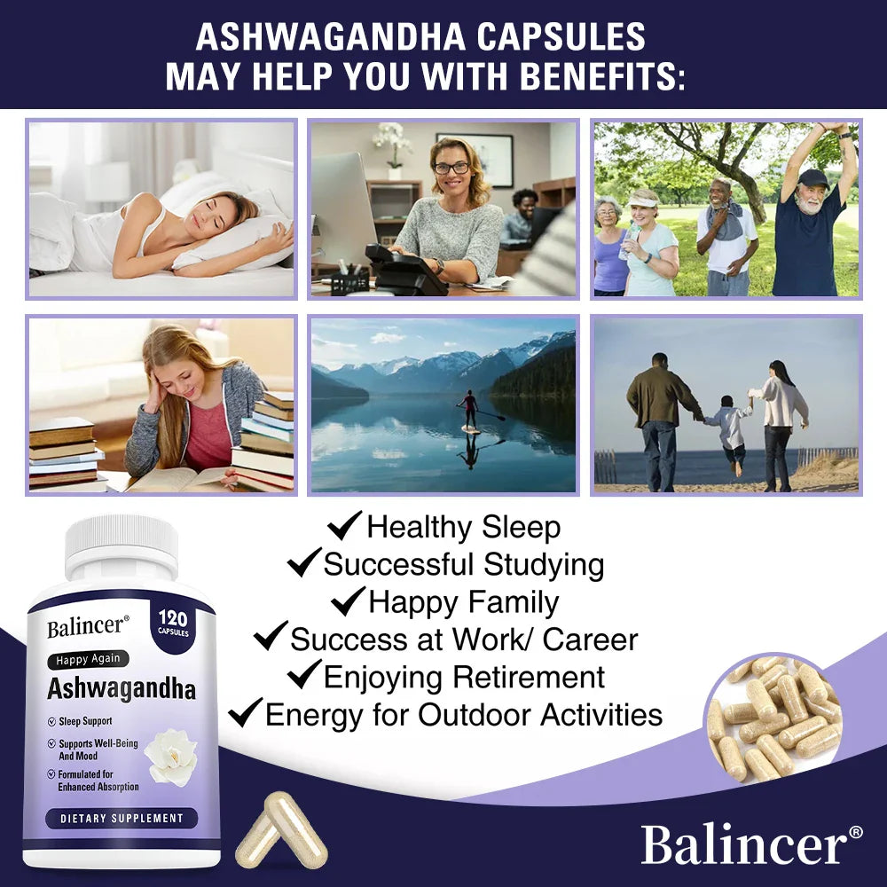 Ashwagandha + Black Pepper Extract Capsules - Helps Mood Reduce Anxiety and Stress, Improving Sleep, Brain Health Supplement