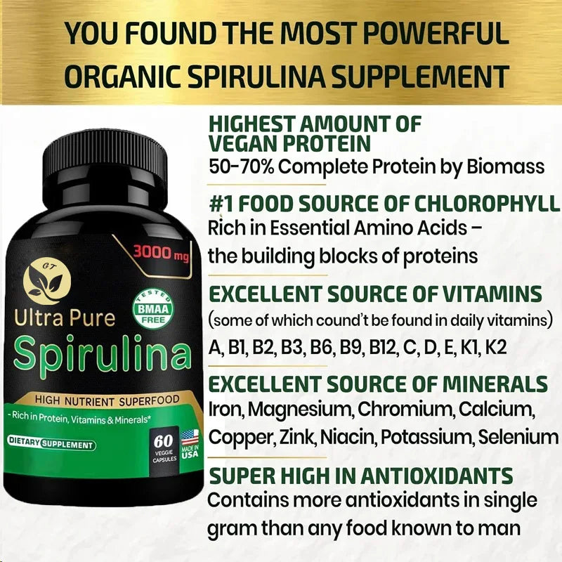 Organic Spirulina Powder 60 Capsules 300mg Best Original Vegetarian Protein - Green Superfood - Natural Multivitamin
