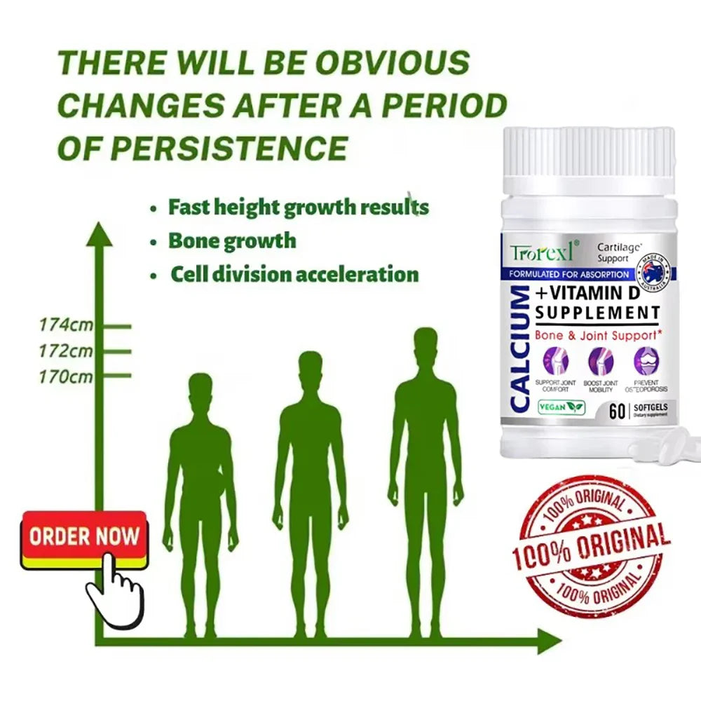 Trorexl Height Growth Pills Calcium Supplement Vitamin D3 Vegetarian Softgels Help Grow Taller,Immune & Bone Health Healing