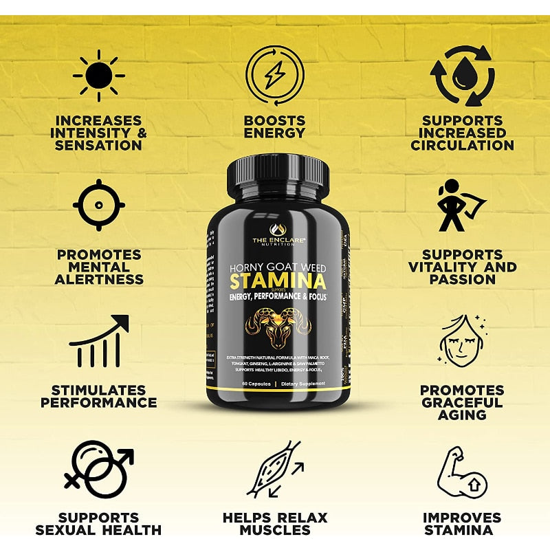 Horny Goat Weed Extract for Men and Women with Maca Root, Tongkat, Ginseng and more. Focus, Stamina, Performance Supplements