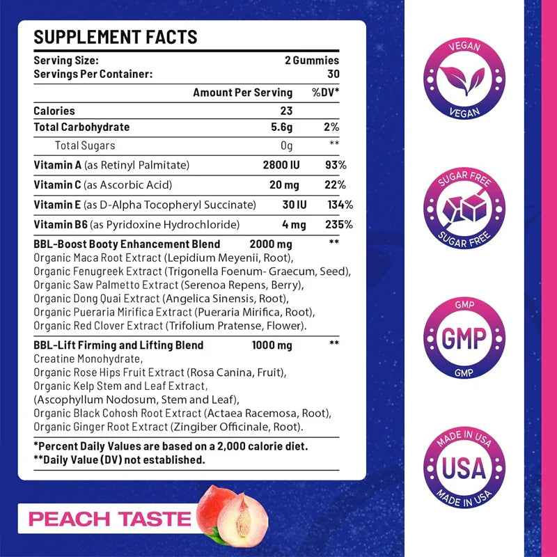 BBL Soft Candy for Butts - Natural Curve Bum Soft Candy with Multiple Vitamins and Herbal Extracts - Peach Flavor-60 Soft Candy