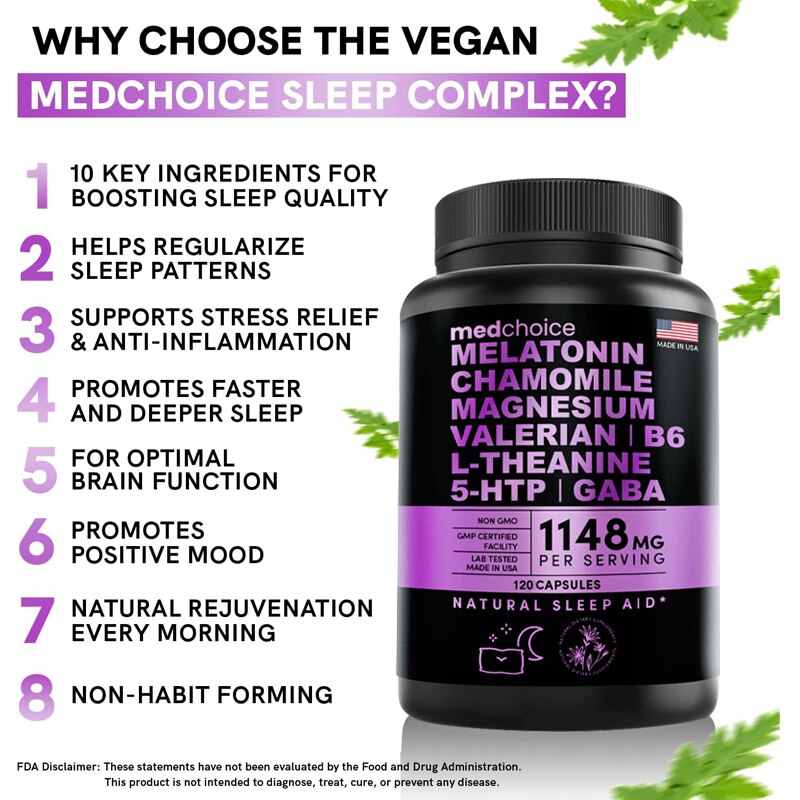 Melatonin 6 Mg Natural Sleep Aid, Sleep Supplement with Theanine, 5 HTPs, GABA, Valerian Root, Chamomile, Vitamin B6, Aids Sleep