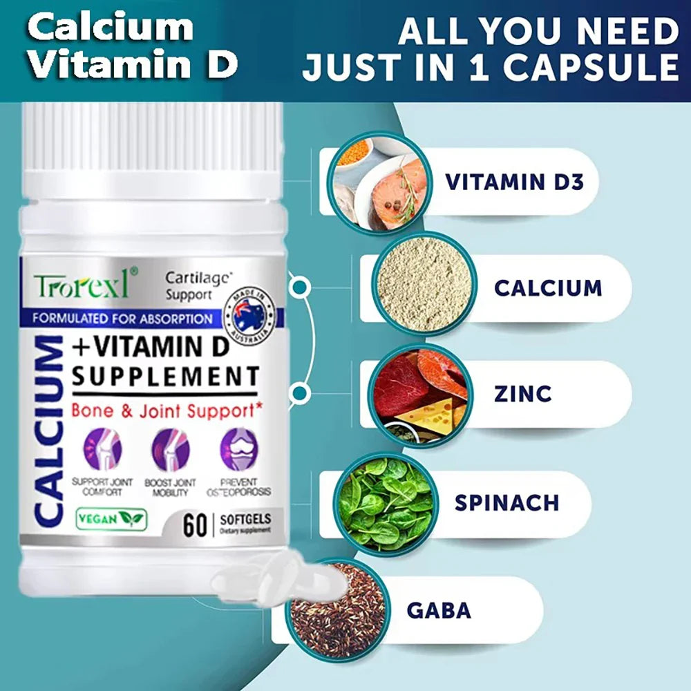 Trorexl Height Growth Pills Calcium Supplement Vitamin D3 Vegetarian Softgels Help Grow Taller,Immune & Bone Health Healing