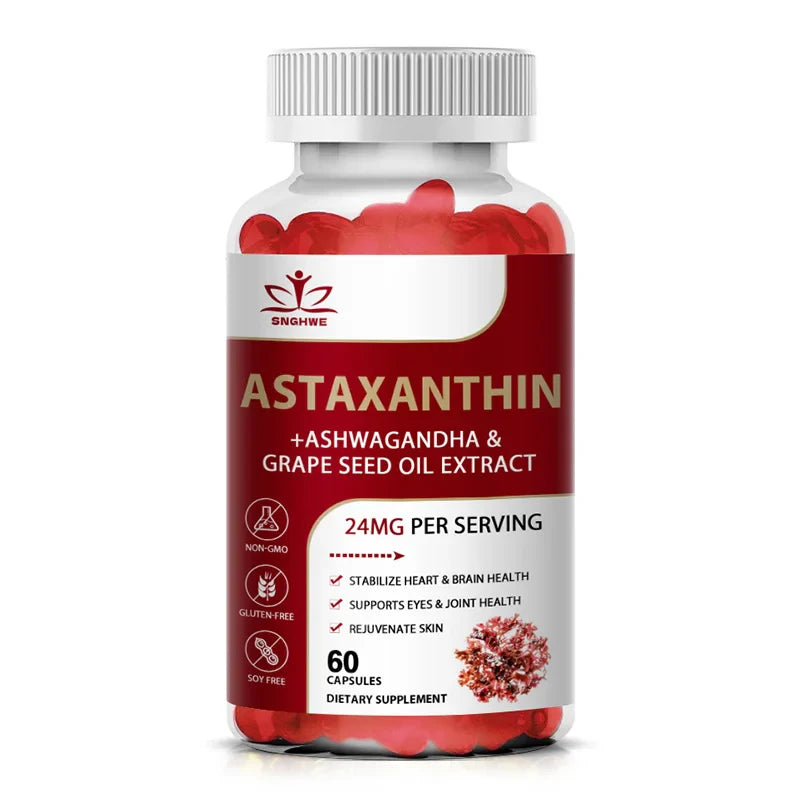 120pcs Astaxanthin Supplement with Grapeseed Oil, Ashwagandha Extract,Support Eye, Skin, Joint,And Immune System Health Capsules
