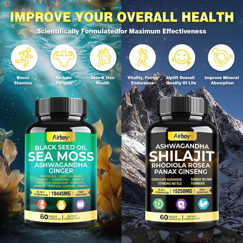 SHILAJIT + SEA MOSS Capsules, Strength, Energy, Muscle, Endurance, Anti-Fatigue, Overall Health Supplement