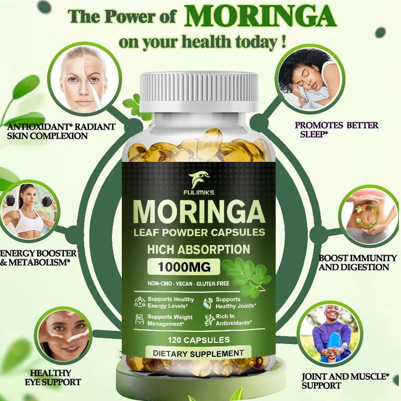 Pure Organic Moringa Oil Leaf Powder Capsules 1000mg, Immune System&Energy Booster - Vegetarian Supplements for Healthy Capsules