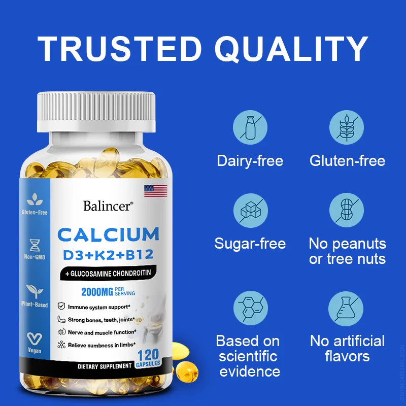 Balincer Vitamin D3+K2+B12 2000mg Capsules for Bone, Immune and Calcium Support, 120 Capsules Non-GMO