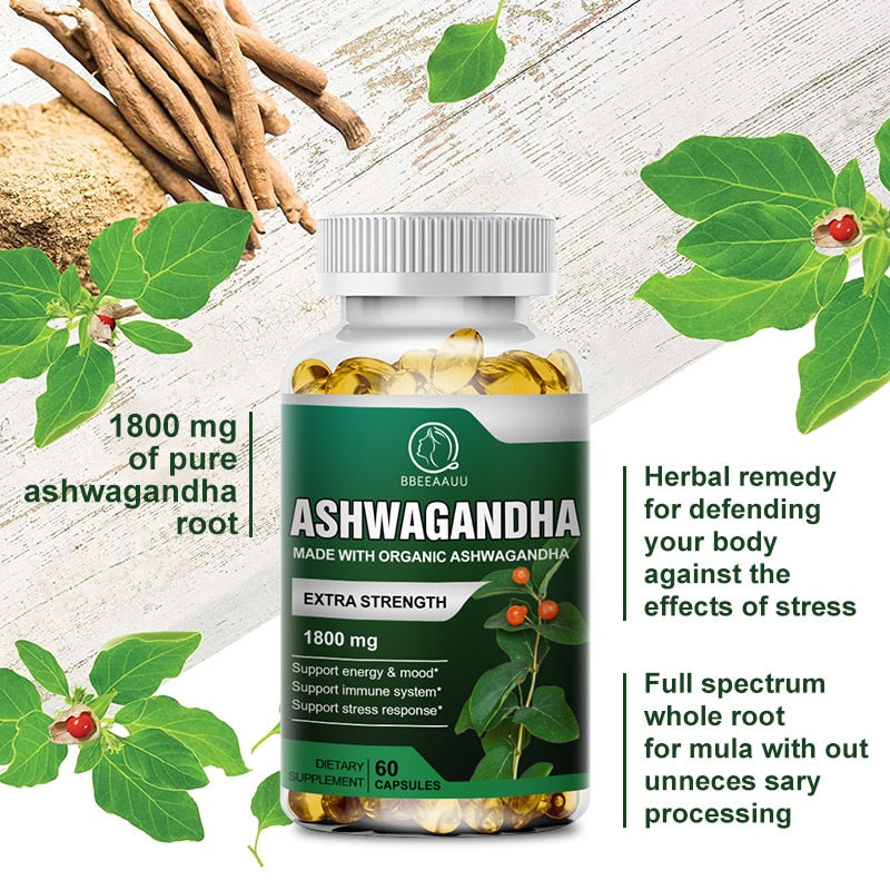 BBEEAAUU Organic Health Food 1800mg Ayurvedic Ashwagandha Capsule Help Sleep Reduce Anxiety Enhances Immunity Energy Supplement
