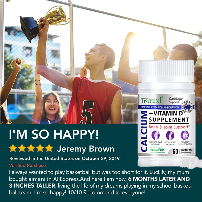 Trorexl Height Growth Pills Calcium Supplement Vitamin D3 Vegetarian Softgels Help Grow Taller,Immune & Bone Health Healing