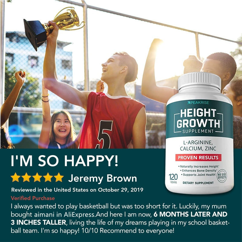 Height Growth Supplement - Aids Bone Strengthening & Growth - Natural Height Growth, L-Arginine Calcium Zinc Supplement