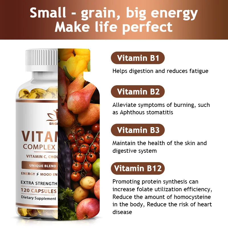 B-Complex Vitamin Supplements (B1 B2 B3 B5 B6 B12 Folic Acid&Biotin) Relieve Stress Improve Immunity System Strong Bones &Teeth