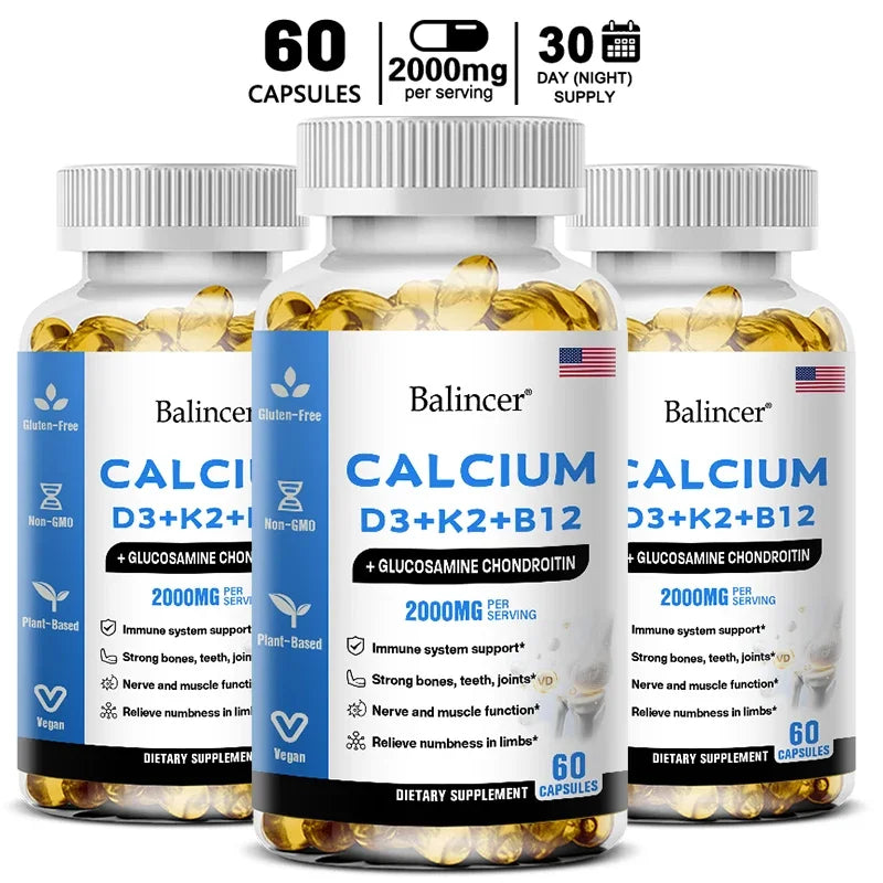 Balincer Vitamin D3+K2+B12 2000mg Capsules for Bone, Immune and Calcium Support, 120 Capsules Non-GMO