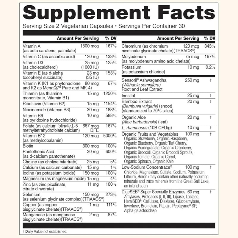 Female multivitamin+stress support+B complex+vitamin C+D3 K2 for immunity, hair, skin and nails, digestion -60 capsules