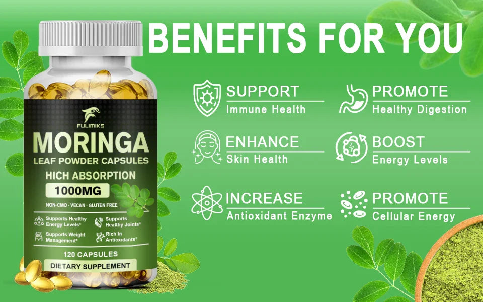 Pure Organic Moringa Oil Leaf Powder Capsules 1000mg, Immune System&Energy Booster - Vegetarian Supplements for Healthy Capsules