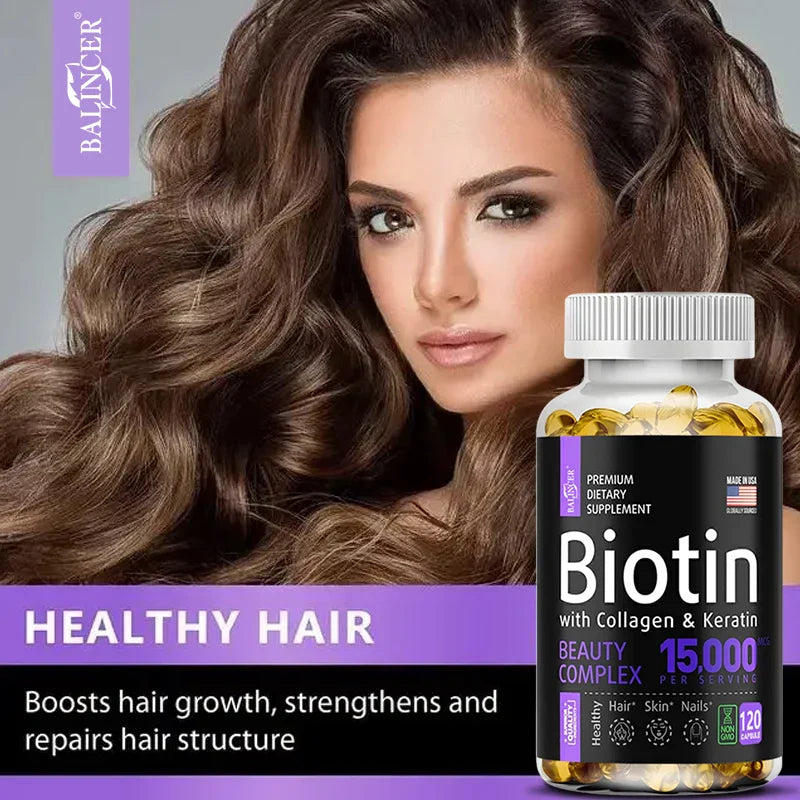 Balincer with Biotin + Collagen + Keratin Supplement - for Hair, Skin, Nail Health | Non-GMO, 120 Capsules