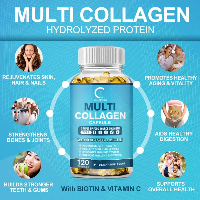 GreenPeople Multi Collagen Biotin Capsules Diet Supplement Supports Antioxidant Skin Beauty Health Hair Repair Free Shipping