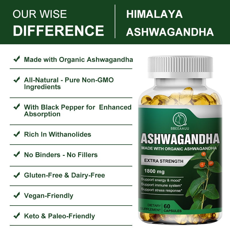 BBEEAAUU Organic Health Food 1800mg Ayurvedic Ashwagandha Capsule Help Sleep Reduce Anxiety Enhances Immunity Energy Supplement