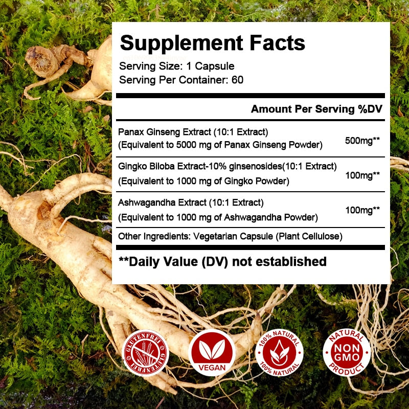 Korean Red Panax Male Energy Supplement Ginseng Ginkgo Biloba Ashwagandha for Focus, Memory, Brain, kidney