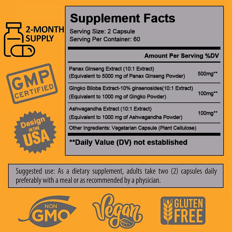 Alxfresh Korean Ginseng Capsules Ginkgo Biloba for Strength, Endurance, Performance Enhancement and Focus Supplement