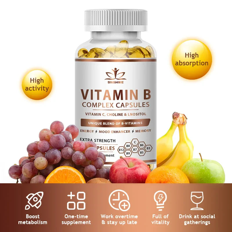 B-Complex Vitamin Supplements (B1 B2 B3 B5 B6 B12 Folic Acid&Biotin) Relieve Stress Improve Immunity System Strong Bones &Teeth