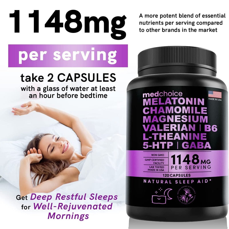 Melatonin 6 Mg Natural Sleep Aid, Sleep Supplement with Theanine, 5 HTPs, GABA, Valerian Root, Chamomile, Vitamin B6, Aids Sleep