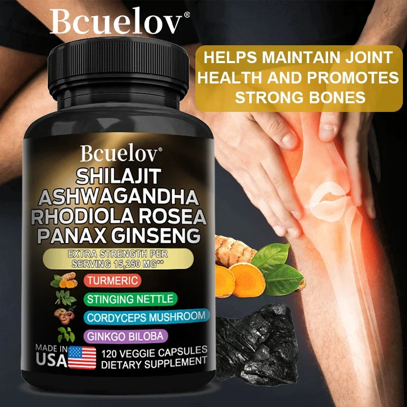 Shilajit Pure Himalayan with Ashwagandha, Rhodiola, Ginseng, Men & Women Supplement - Brain, Energy, Joints, Immunity