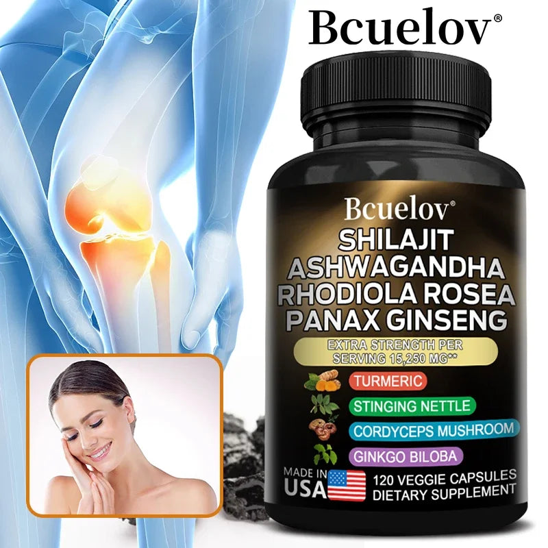 Shilajit Pure Himalayan with Ashwagandha, Rhodiola, Ginseng, Men & Women Supplement - Brain, Energy, Joints, Immunity