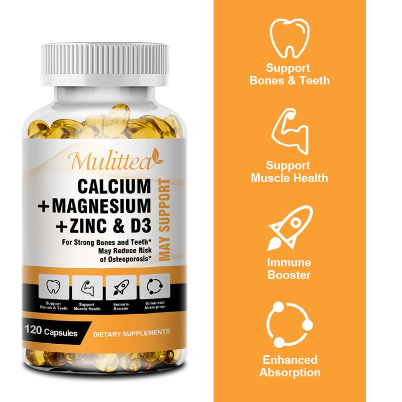 Mulittea Calcium Magnesium Zinc Capsule Vitamin D3 for Strong Bones Teeth Heart Nerve Increase Immune System Function Supplement