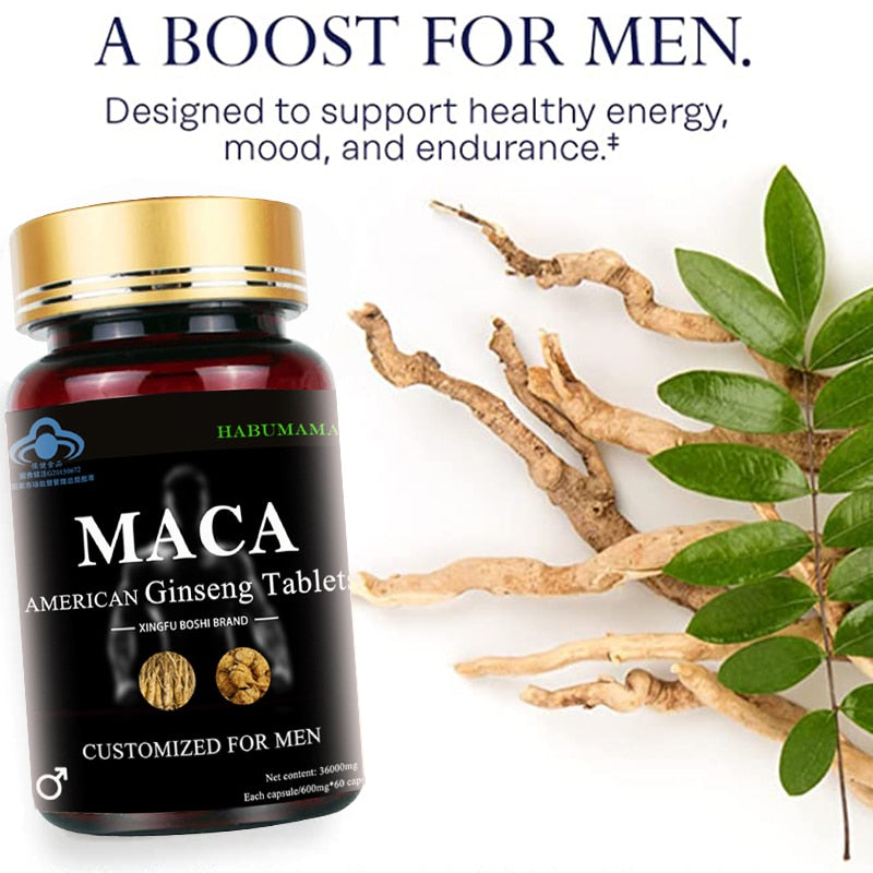 Peruvian Maca Root American Ginseng Supplement - Helps Boost Energy, Erection, Supports Stamina, Male Performance, Enlargement
