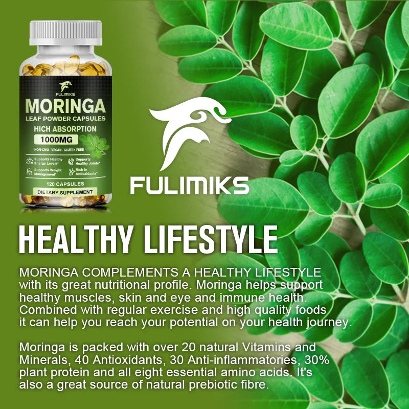 Pure Organic Moringa Oil Leaf Powder Capsules 1000mg, Immune System&Energy Booster - Vegetarian Supplements for Healthy Capsules