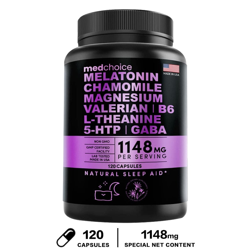 Melatonin 6 Mg Natural Sleep Aid, Sleep Supplement with Theanine, 5 HTPs, GABA, Valerian Root, Chamomile, Vitamin B6, Aids Sleep