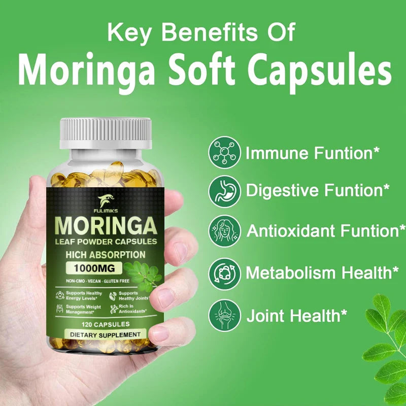 Pure Organic Moringa Oil Leaf Powder Capsules 1000mg, Immune System&Energy Booster - Vegetarian Supplements for Healthy Capsules