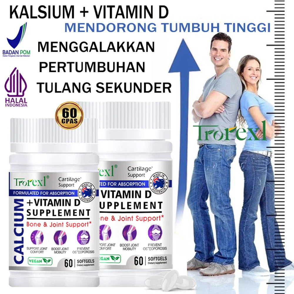 Trorexl Height Growth Pills Calcium Supplement Vitamin D3 Vegetarian Softgels Help Grow Taller,Immune & Bone Health Healing