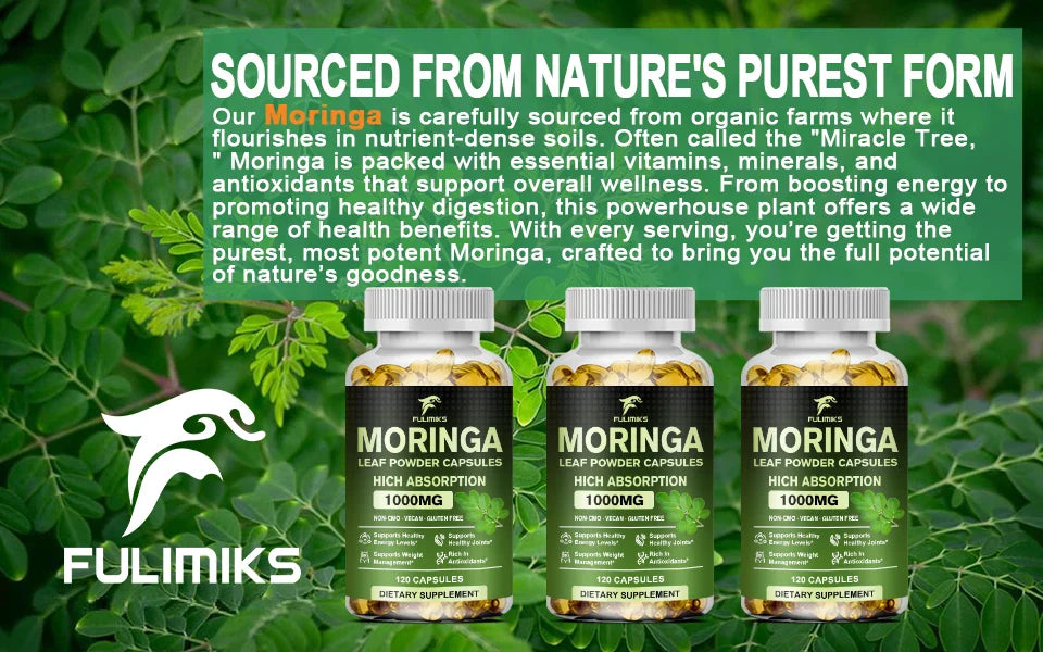 Pure Organic Moringa Oil Leaf Powder Capsules 1000mg, Immune System&Energy Booster - Vegetarian Supplements for Healthy Capsules