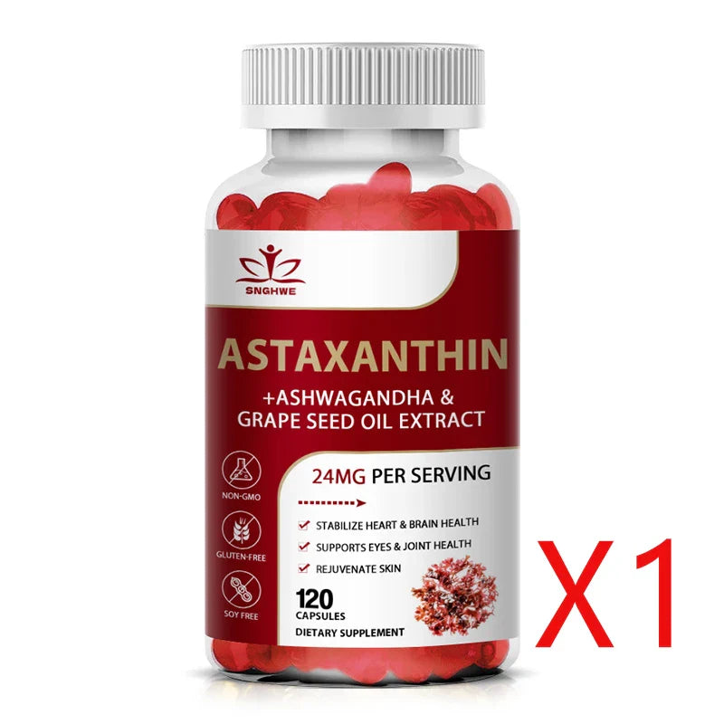 120pcs Astaxanthin Supplement with Grapeseed Oil, Ashwagandha Extract,Support Eye, Skin, Joint,And Immune System Health Capsules