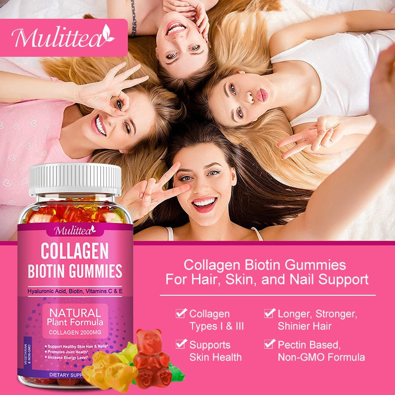Mulittea Collagen Gummies Biotin for Hair Growth Whitening Skin Care Health Nails &Anti Aging Vitamins C E Dietary Supplement