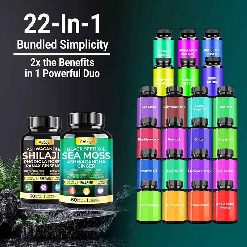 SHILAJIT + SEA MOSS Capsules, Strength, Energy, Muscle, Endurance, Anti-Fatigue, Overall Health Supplement