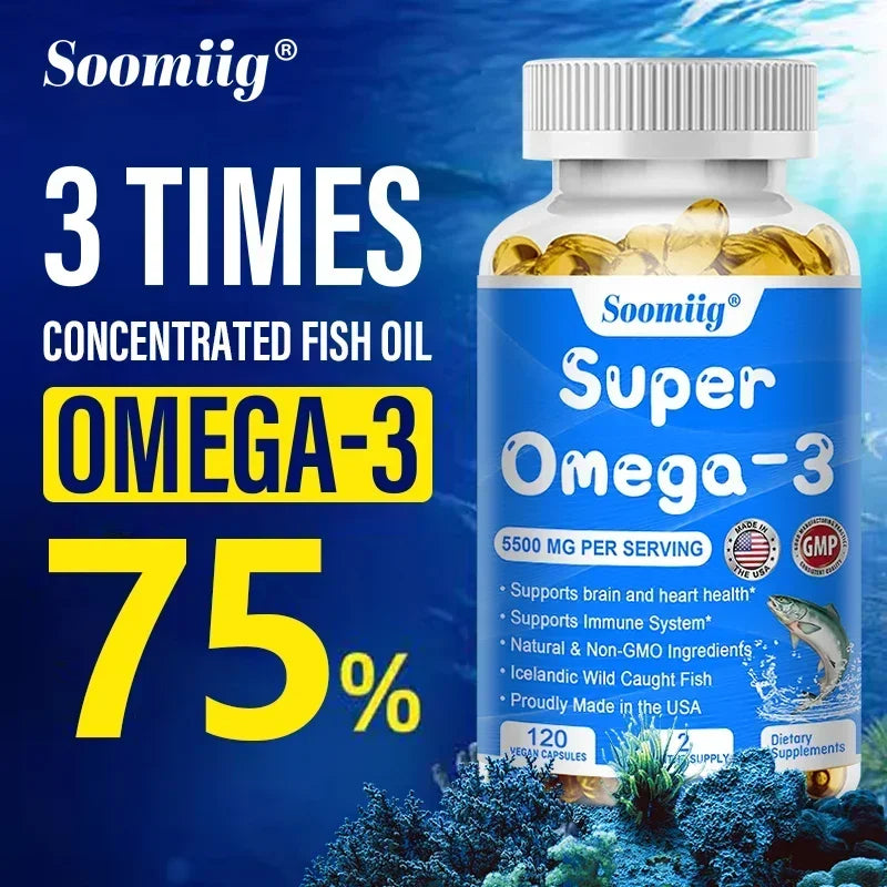 Super Omega 3 Fish Oil Capsules Support Brain & Cardiovascular & Skin Health, Antioxidant & Improve Memory?Nervous System Health