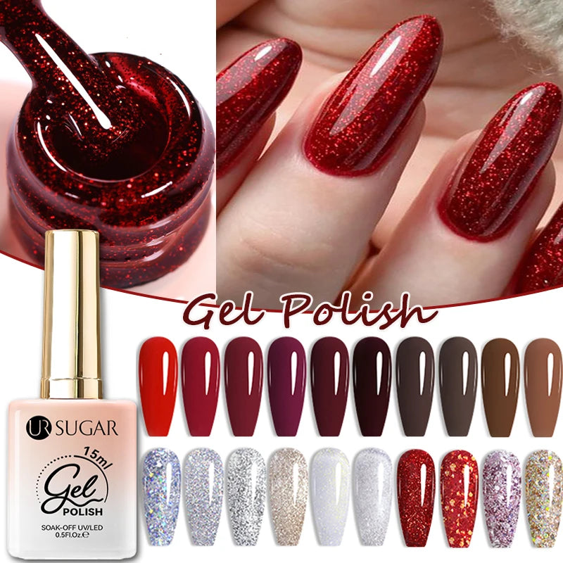 UR SUGAR 15mlNail Gel Polish Glitter Red Winter Nail Art Varnish Semi Permanent UV Gel Soak Off UV LED Gel Nail Varnish For Nail