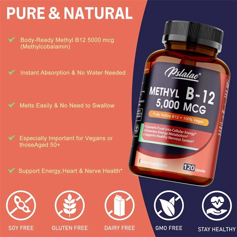 Vitamin B12 - 5000 MCG Supplement -Benefits Brain & Heart Function, Supports Memory, Learning, Helps Boost Natural Energy