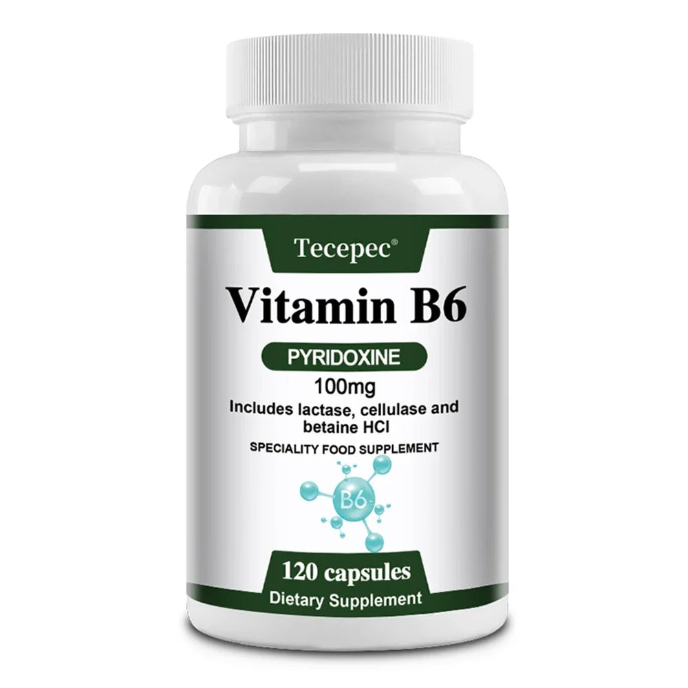 Vitamin B6 Capsules - Brain Function & Memory, Concentration, Cardiovascular, Skin, Hair, Immune, Non-GMO, Dietary Supplement