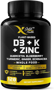 Vitamin D, K2, K1, Zinc, Quercetin, Elderberry, Turmeric, Ginger & Echinacea Whole Food Supplement 8 in 1- D3 5000 IU Plant-Based from Lichen, Vitamin K (K2 MK7, MK4, K1), D3 K2 Vitamins -120 Capsules in Pakistan