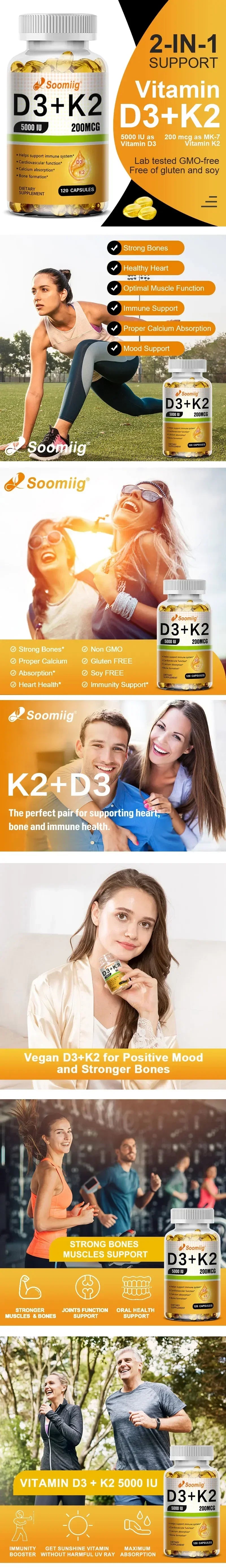 Vitamin D3 5000IU and 200 Mcg Vitamin K2 (MK-7) Capsules for Calcium Absorption, Bone Regeneration, Immune Support, Easy To Melt